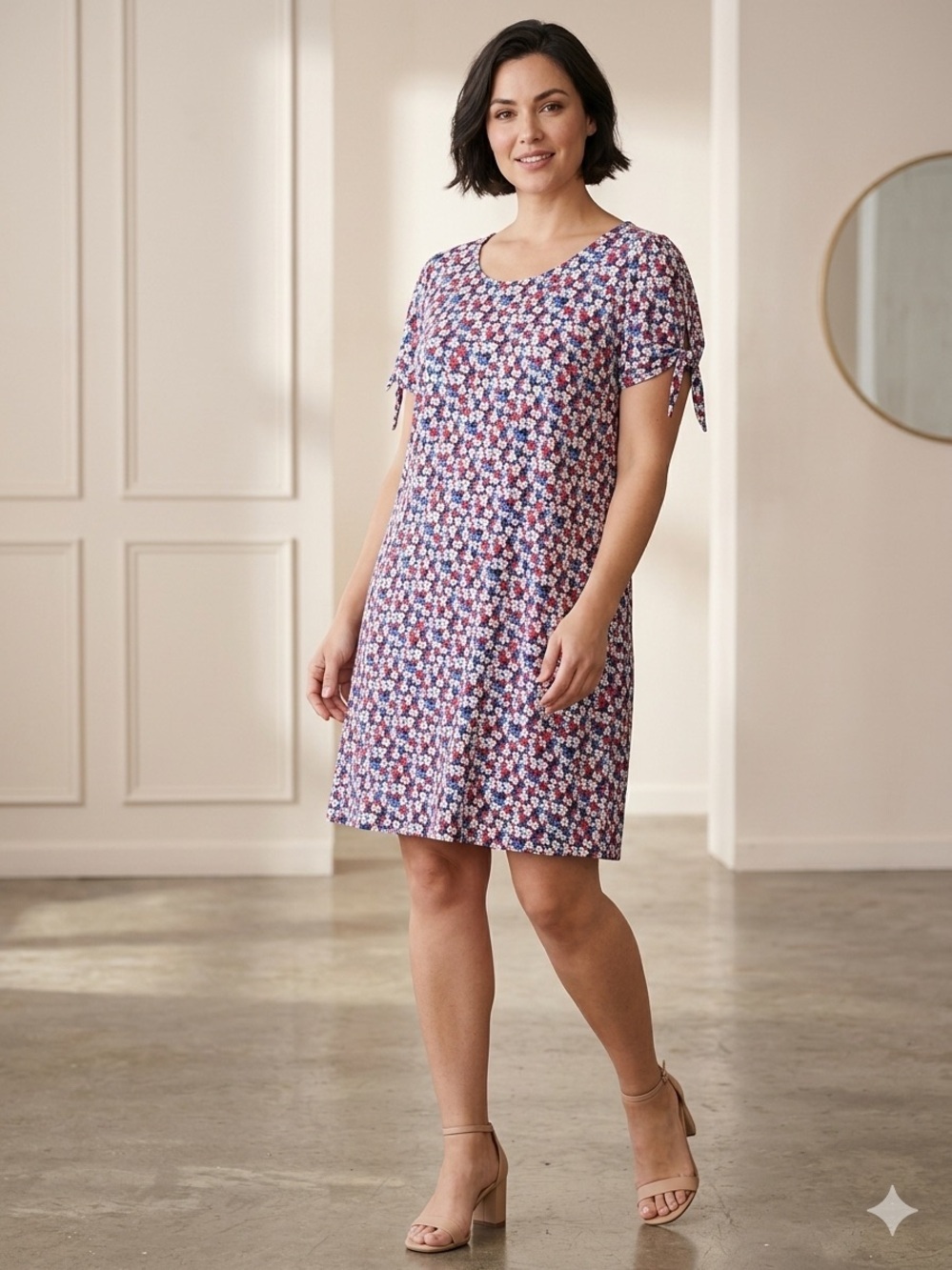 Perceptions XL Floral A-Line Casual Dress in Red, Blue & White Texture Design